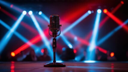 vintage microphone stands on stage bathed in dramatic red and blue spotlights with blurred audience figures in the dark background electrifying performance atmosphere - Powered by Adobe