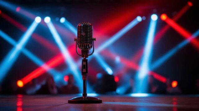 vintage microphone stands on stage bathed in dramatic red and blue spotlights with blurred audience figures in the dark background electrifying performance atmosphere