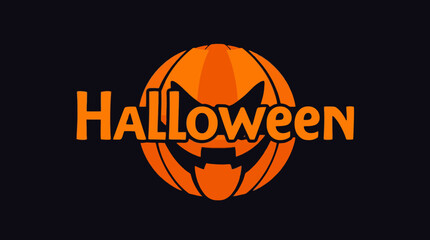 Halloween text with pumpkin face illustration on a dark background.