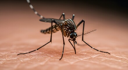 Fototapeta premium Close-up of a mosquito on human skin, biting insect, disease vector, macro.