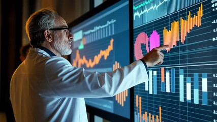 Scientist analyzing data on large screens in a lab, pointing at charts. - Powered by Adobe