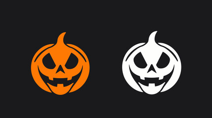 Two stylized jack-o'-lanterns, one orange and one white, against a dark background.