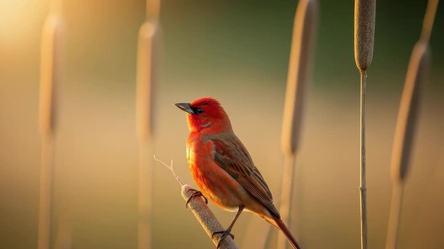 striking crimson bird with dark beak perches on textured cattail stalk bathed in the warm golden glow of soft light Blurred vertical reeds fill the tranquil natural background