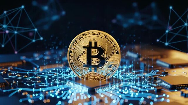 prominent golden digital currency symbol stands on detailed circuit board featuring intricate glowing blue pathways and microchips Blurred abstract network nodes illuminate the dark futuristic backgro