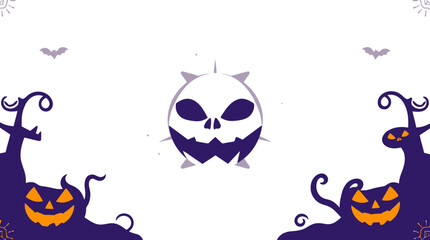 Halloween themed graphic with skull, jack-o'-lanterns, spooky trees, bats, and decorative elements on a white background.