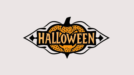 Halloween text design with pumpkin shape and decorative elements on a light background.