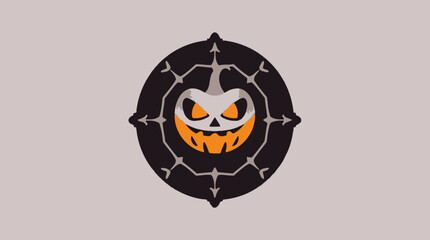 A stylized Halloween emblem featuring an orange jack-o'-lantern face within a dark circular frame.