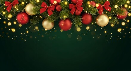 Illustration of christmas garland with red baubles, bows, and golden fairy lights on a dark green background