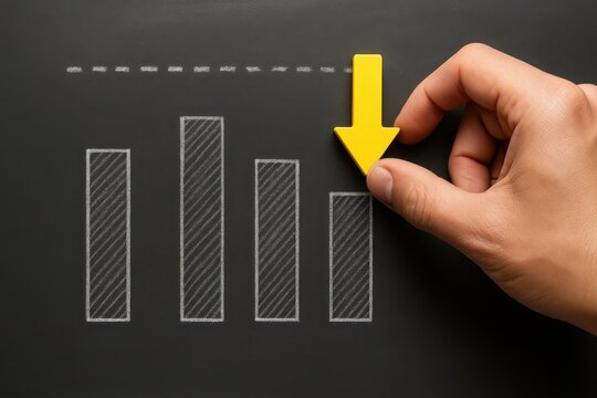 Hand placing yellow arrow on chalkboard bar graph showing business decline and negative trend

