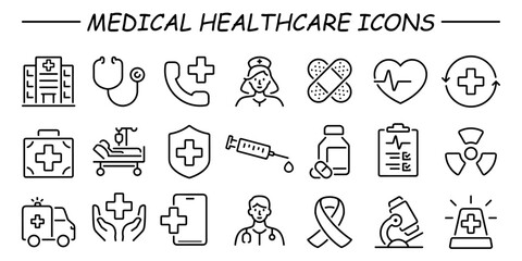 Healthcare icon set. Containing treatment, prevention, medical, health, diagnosis, report, illness, injury and more. Line vector icons collection. 