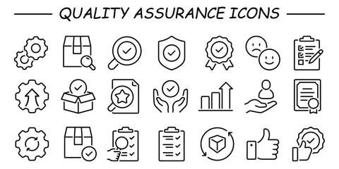 Quality assurance and control outline icons set isolated on white background flat vector illustration. 