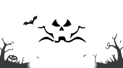 A spooky Halloween-themed illustration featuring a carved pumpkin face, bat, and bare trees against a white background.