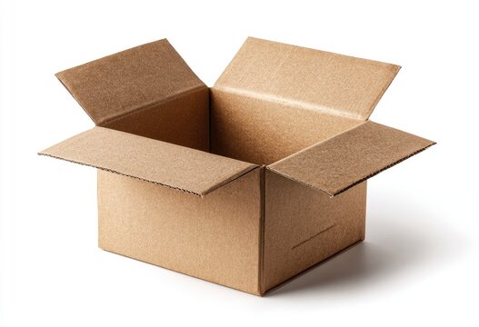 An empty, open cardboard box, displayed on a clean white background, awaiting contents