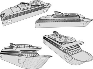 vector sketch illustration silhouette design of cruise ship with helipad for world travel.