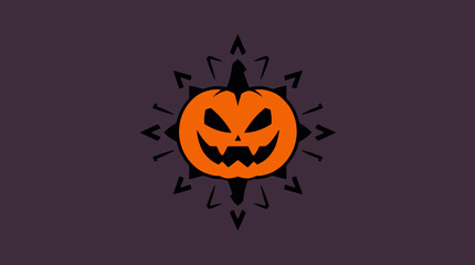 A stylized Halloween design featuring a carved pumpkin against a dark background with radiating lines.