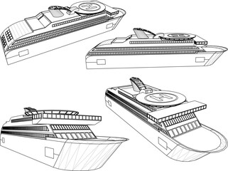 vector sketch illustration silhouette design of cruise ship with helipad for world travel  