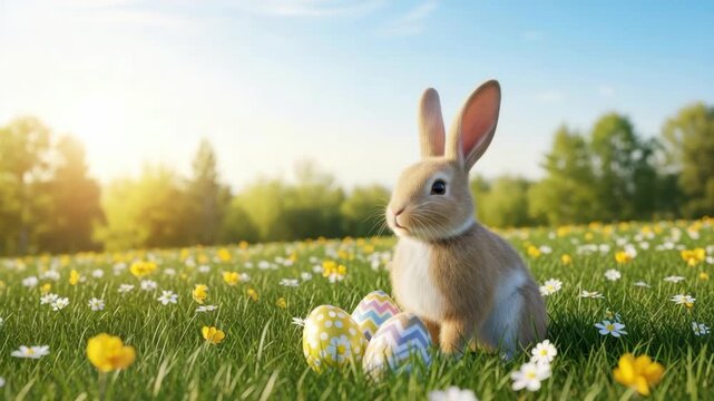 cute rabbit sits in field of green grass and wildflowers with three colorful decorated eggs nearby The sun shines brightly on clear day highlighting the festive spring scene