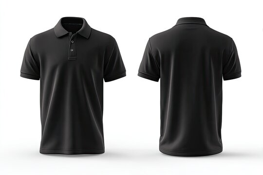 Front and back views of a solid black polo shirt against a white background