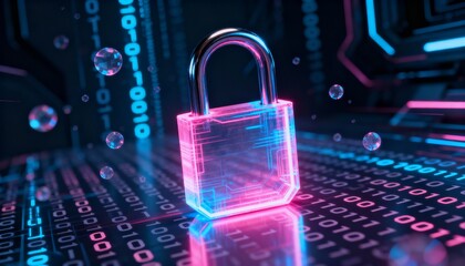 Glowing digital padlock hologram in pink and blue neon, cyber security concept, dark futuristic background with binary code