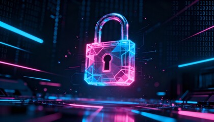 Glowing digital padlock hologram in pink and blue neon, cyber security concept, dark futuristic background with binary code