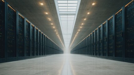 Modern Data Center Server Room with Illuminated Cabinets and Corridor