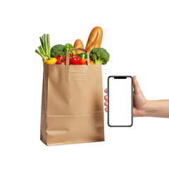 Grocery Shopping: Person Holding Mobile Phone Near Paper Bag