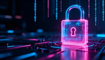 Glowing digital padlock hologram in pink and blue neon, cyber security concept, dark futuristic background with binary code