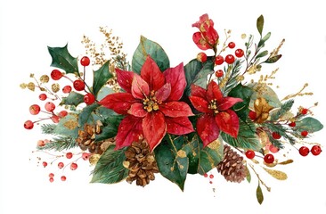 Fototapeta premium Watercolor image of festive holiday arrangement with poinsettias, berries, pinecones and greenery