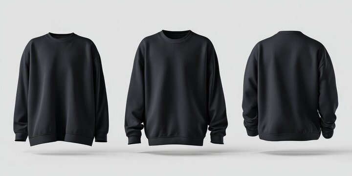 Three views of a black, ribbed crewneck sweatshirt