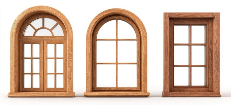 Three light brown wooden arched and rectangular windows