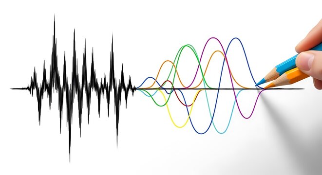 A hand with colored pencils deconstructs a complex black waveform into simple, colorful sine waves, illustrating signal analysis.