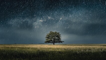 Lone tree stands in a field under a starry sky with rain. Moody scene
