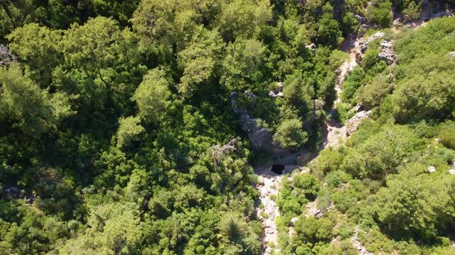 aerial perspective showcases the vibrant, dense green forests and winding valley landscape near Turunc, Turkey. This footage captures the serene beauty of the Mediterranean region's natural environmen
