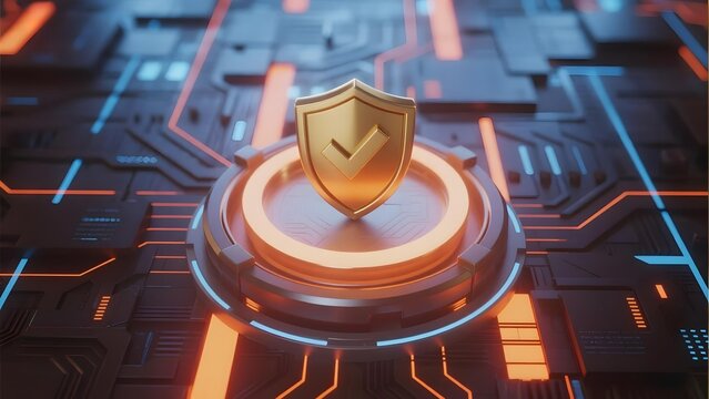 Golden shield with checkmark on a futuristic circuit board background, symbolizing digital security and protection.