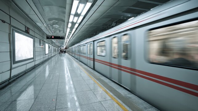 Blank advertisement billboard in subway station with moving train in view