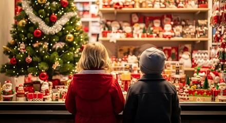 Illustration of two children looking at a christmas market stall filled with festive decorations and toys