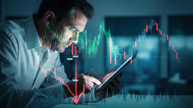 focused man in white shirt intently studies tablet displaying complex digital market charts and graphs showing red downward trends green fluctuations and candlestick patterns in dimly lit office