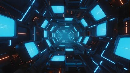 Futuristic sci-fi corridor with blue illuminated panels and hexagonal tunnel design