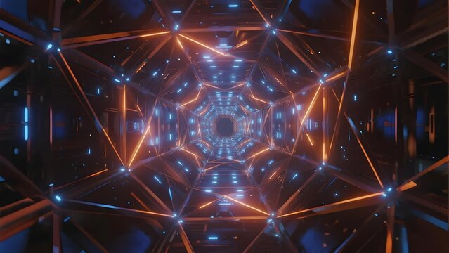 Abstract geometric tunnel with glowing orange and blue lights forming a symmetrical pattern in a futuristic digital space