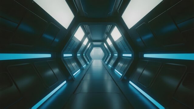 Futuristic hexagonal corridor with blue lighting and reflective surfaces - Powered by Adobe
