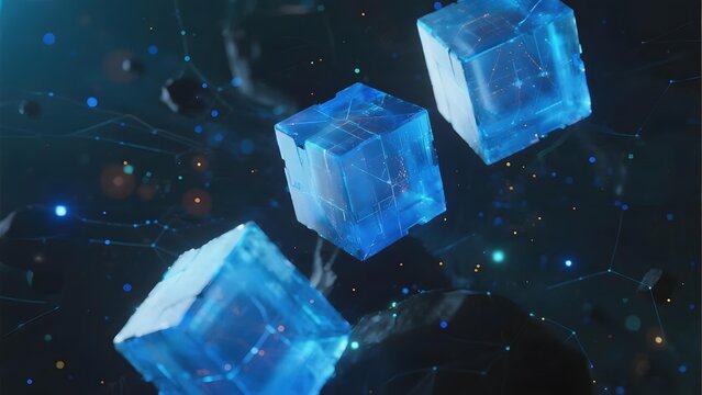 Floating translucent blue cubes in a cosmic space with glowing particles and network connections