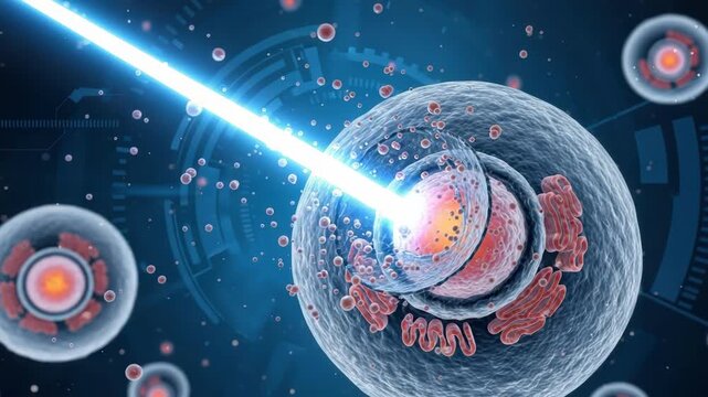 large translucent cell with glowing nucleus nucleolus and folded internal structures is precisely hit by bright blue laser beam Small particles and futuristic display surround it