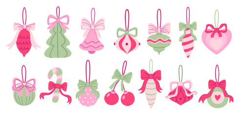 Whimsical Christmas pink ornaments with bow set. Coquette festive baubles, candy cane and heart, playful holiday vector decorations