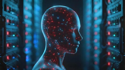 Human head with neural network visualization in data center environment