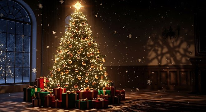 Illustration of festively decorated christmas tree with presents underneath, in a dimly lit room with falling snow