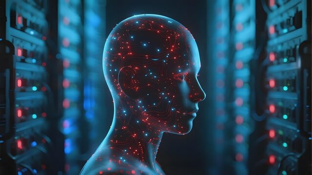 Human head with neural network visualization in data center environment