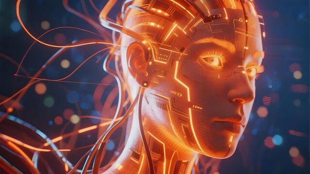 Cybernetic humanoid with glowing circuitry and illuminated facial features against a dark, bokeh-lit background