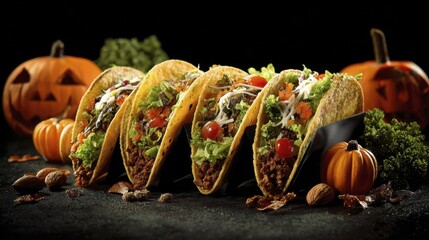 Festive Halloween Tacos with Jack O' Lanterns on a Dark Surface