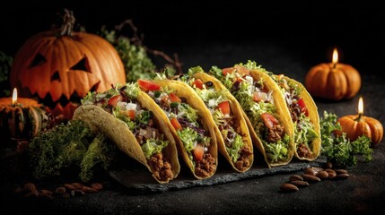 Halloween Tacos with Jack-o'-lantern and Candles on a Dark Table