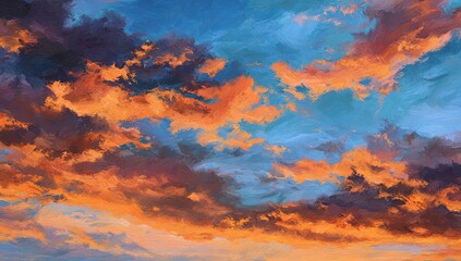 Naklejka premium Vivid painting of a fiery sky with dramatic clouds in oranges, blues, and purples